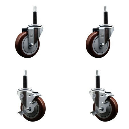 Service Caster 4'' Maroon Poly Wheel Swivel 3/4'' Expanding Stem Caster Set 2 Brakes, 4PK SCC-EX20S414-PPUB-MRN-2-TLB-2-34